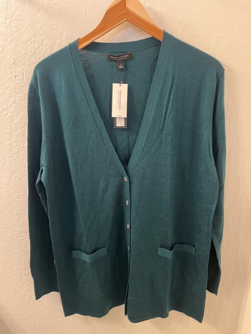 Banana Republic 100% Merino Wool Teal Green V-Neck Long Cardigan